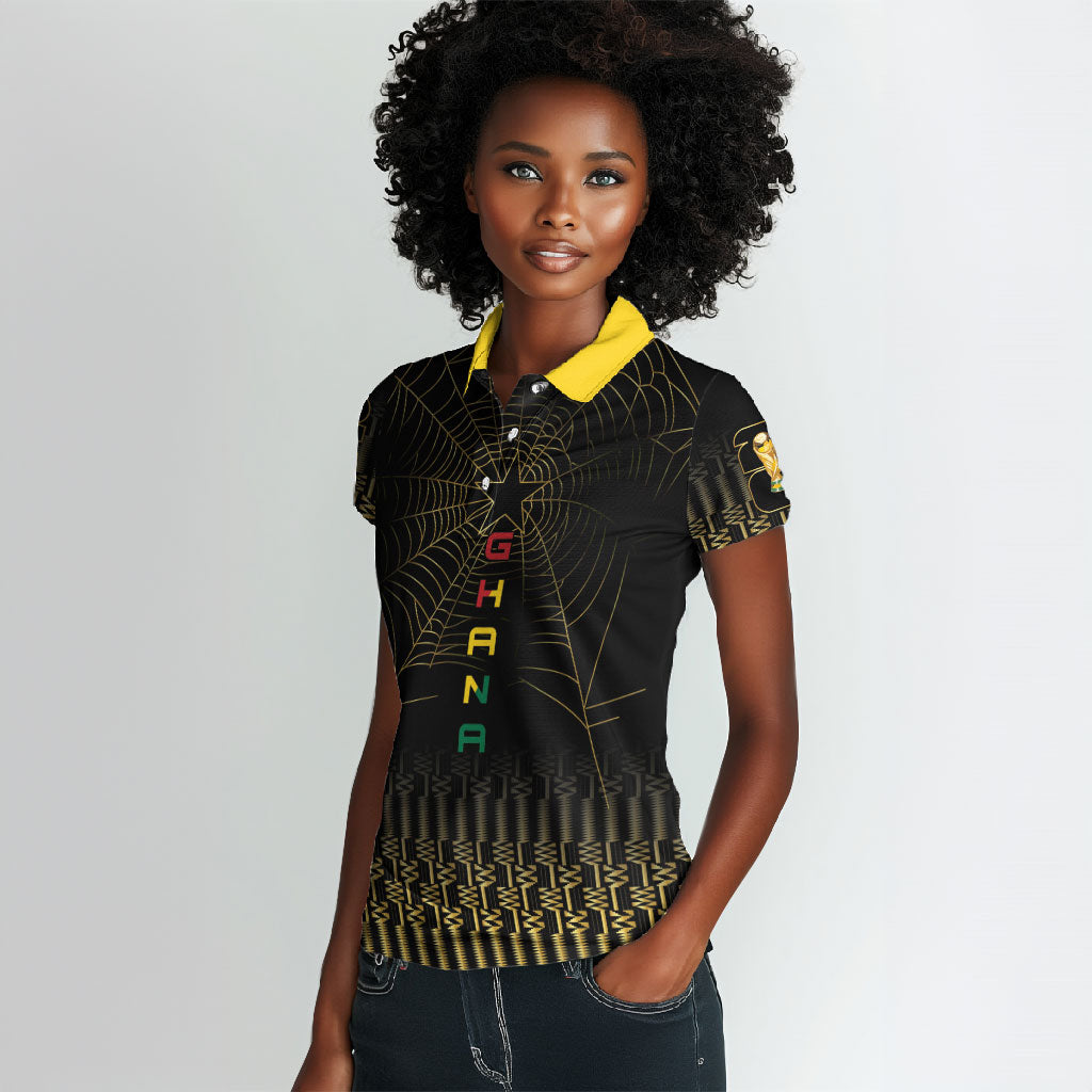 Ghana Black Star Custom Women Polo Shirt Gold Ananse Spiderweb Inspired