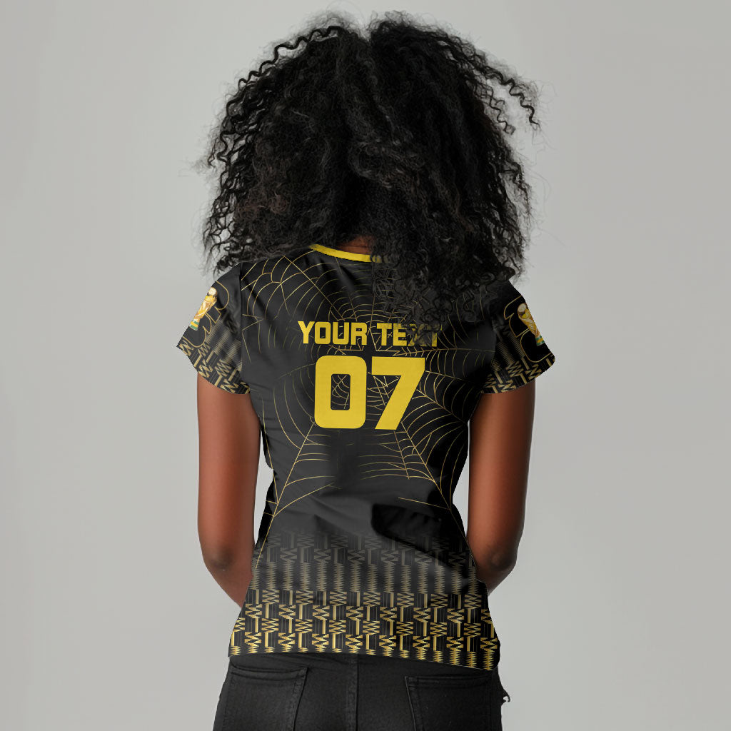Ghana Black Star Custom Women V-Neck T-Shirt Gold Ananse Spiderweb Inspired