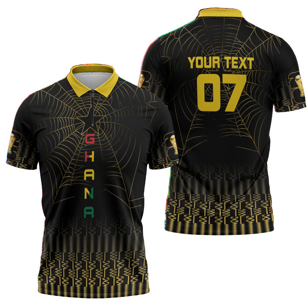 Ghana Black Star Custom Zipper Polo Shirt Gold Ananse Spiderweb Inspired