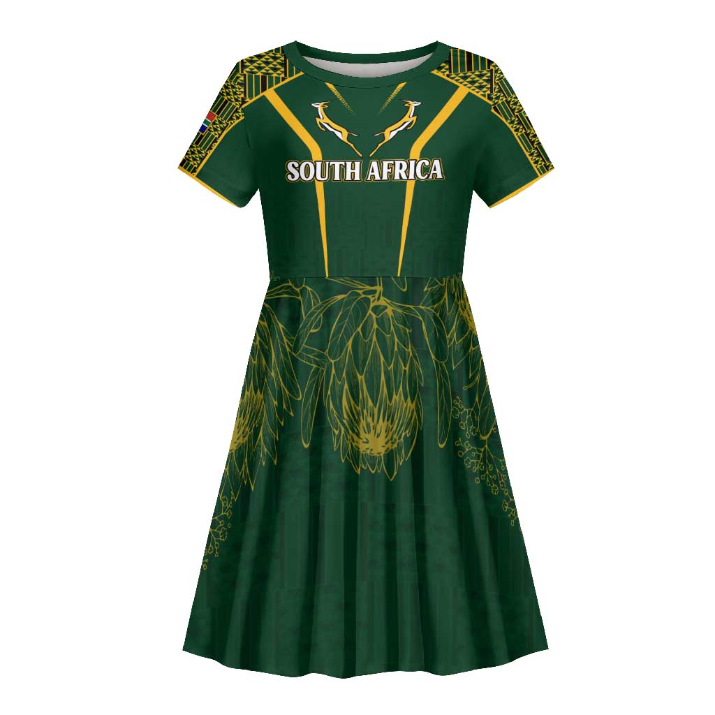 Personalised South African Heritage Day Kid Short Sleeve Dress Kente Ethnic Patterns Mix Springboks