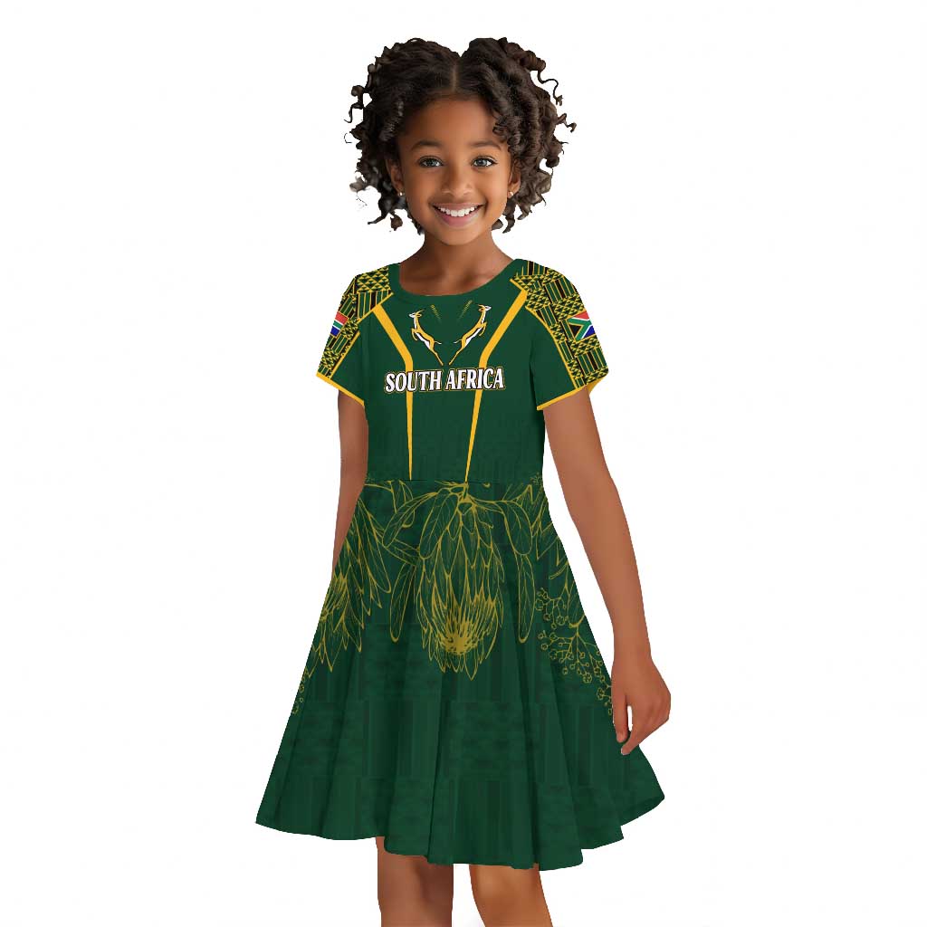 Personalised South African Heritage Day Kid Short Sleeve Dress Kente Ethnic Patterns Mix Springboks