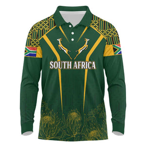 Personalised South African Heritage Day Long Sleeve Polo Shirt Kente Ethnic Patterns Mix Springboks