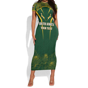 Personalised South African Heritage Day Short Sleeve Bodycon Dress Kente Ethnic Patterns Mix Springboks