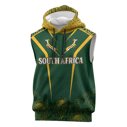 Personalised South African Heritage Day Sleeveless Hoodie Kente Ethnic Patterns Mix Springboks - African Pride