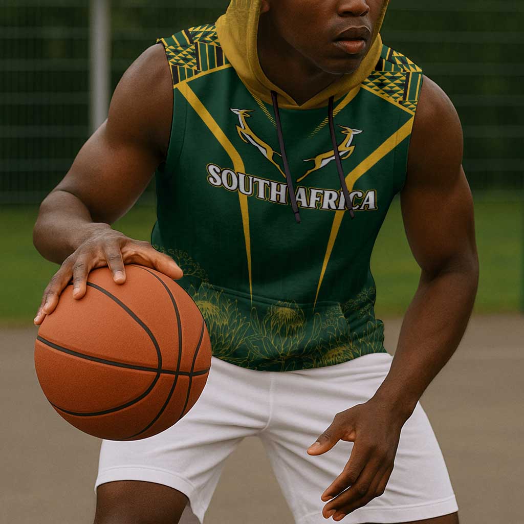 Personalised South African Heritage Day Sleeveless Hoodie Kente Ethnic Patterns Mix Springboks - African Pride