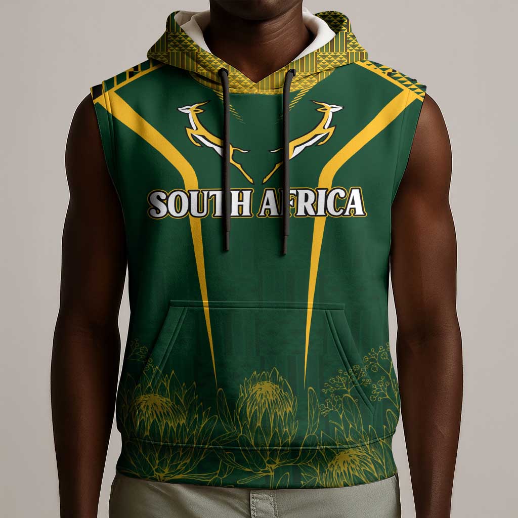 Personalised South African Heritage Day Sleeveless Hoodie Kente Ethnic Patterns Mix Springboks - African Pride