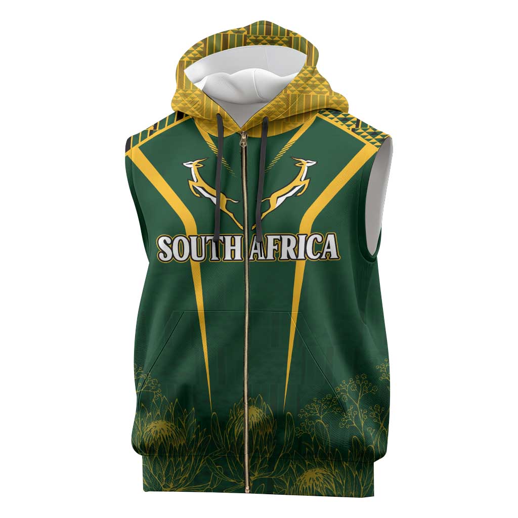 Personalised South African Heritage Day Sleeveless Zip Hoodie Kente Ethnic Patterns Mix Springboks - African Pride
