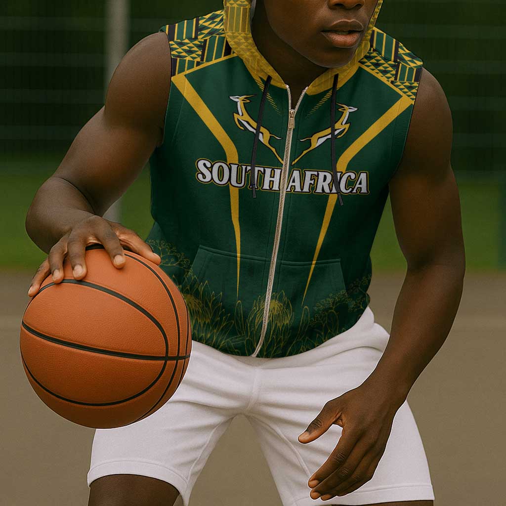 Personalised South African Heritage Day Sleeveless Zip Hoodie Kente Ethnic Patterns Mix Springboks - African Pride