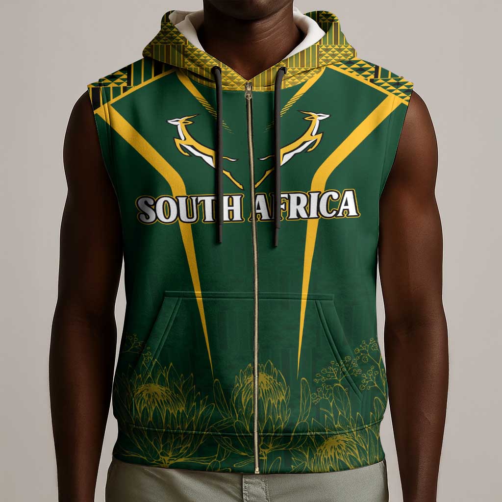 Personalised South African Heritage Day Sleeveless Zip Hoodie Kente Ethnic Patterns Mix Springboks - African Pride