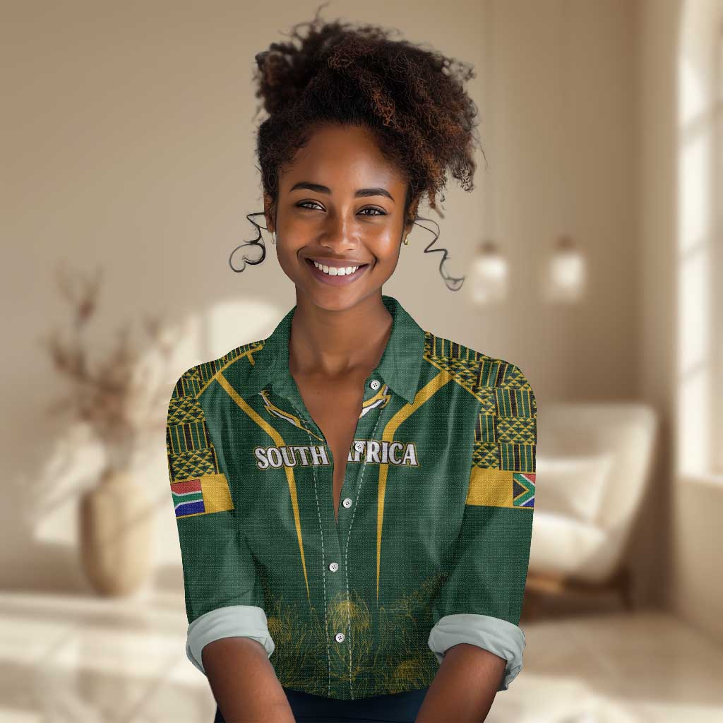 Personalised South African Heritage Day Women Casual Shirt Kente Ethnic Patterns Mix Springboks LT7
