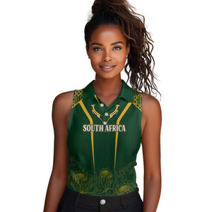 Personalised South African Heritage Day Women Sleeveless Polo Shirt Kente Ethnic Patterns Mix Springboks