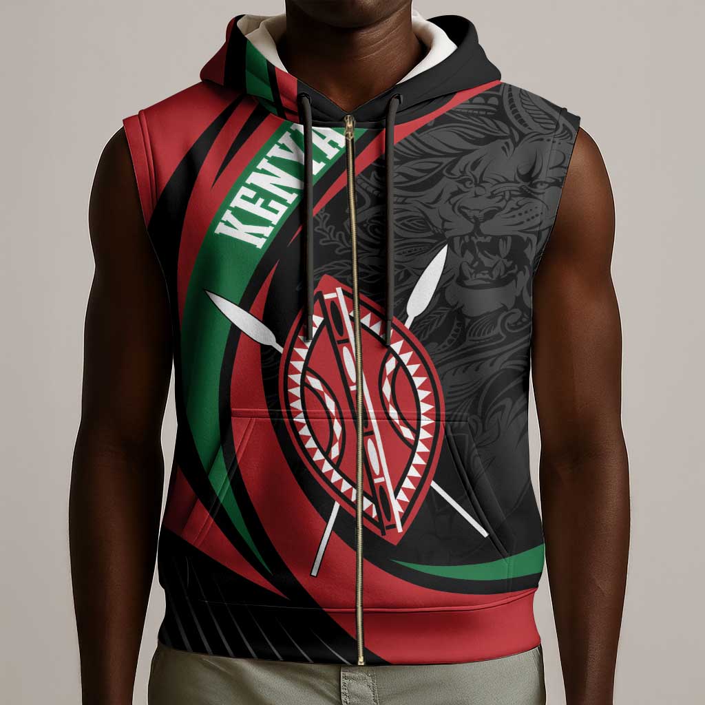 Kenya Personalized Sleeveless Zip Hoodie Mashujaa Day Lion Warrior - African Pride