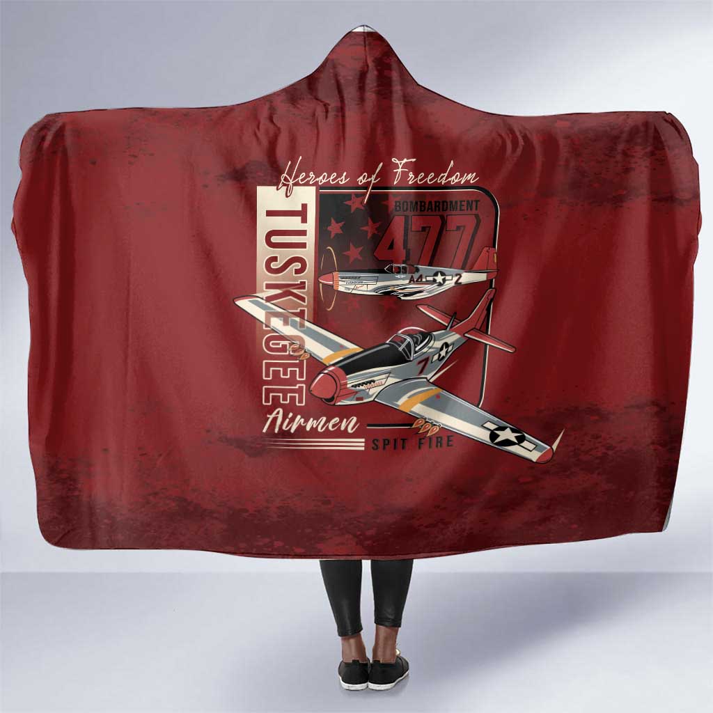 Tuskegee Airmen Spit Fire 477th Hooded Blanket Crimson Grunge - African Pride