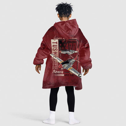 Tuskegee Airmen Spit Fire 477th Kid Wearable Blanket Hoodie Crimson Grunge - African Pride