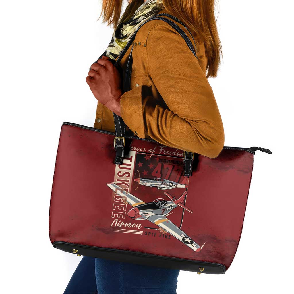 Tuskegee Airmen Spit Fire 477th Leather Tote Bag Crimson Grunge - African Pride