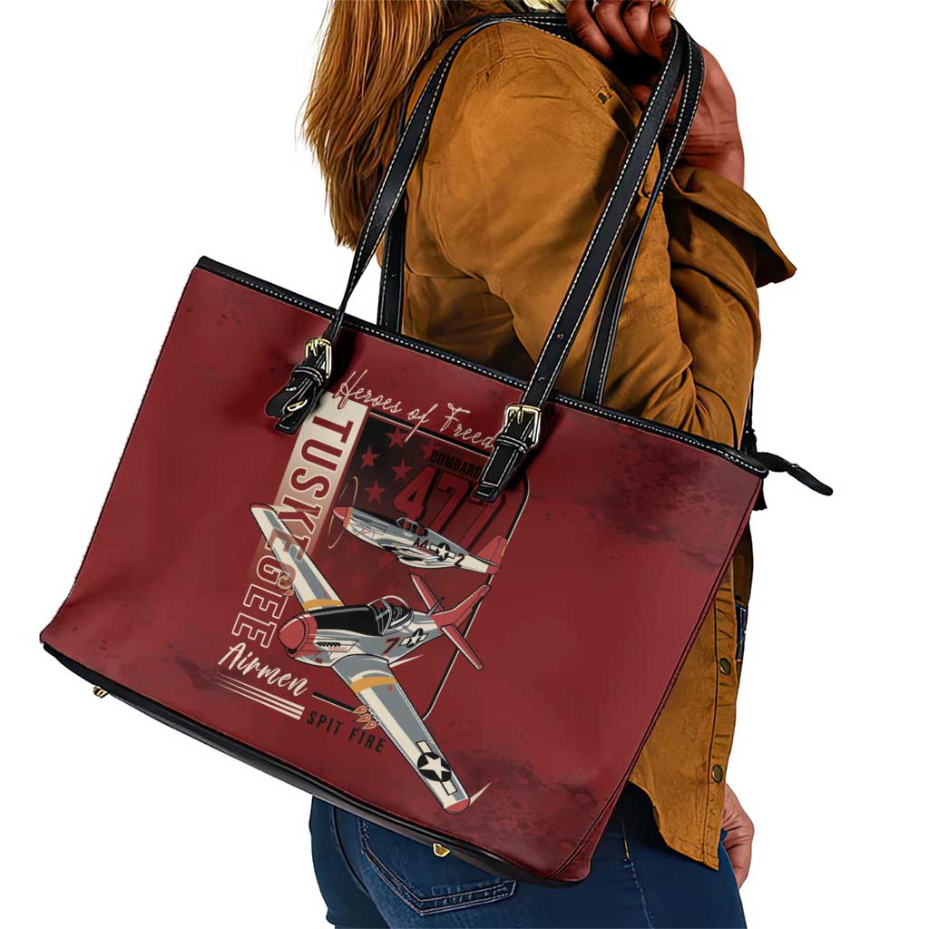 Tuskegee Airmen Spit Fire 477th Leather Tote Bag Crimson Grunge - African Pride