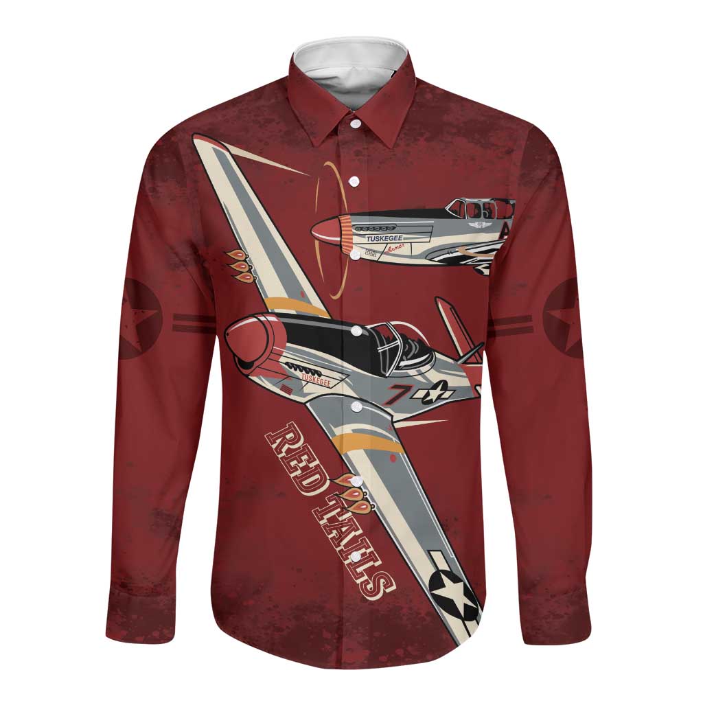Tuskegee Airmen Spit Fire 477th Long Sleeve Button Shirt Crimson Grunge - African Pride