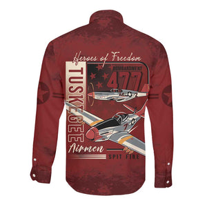 Tuskegee Airmen Spit Fire 477th Long Sleeve Button Shirt Crimson Grunge - African Pride