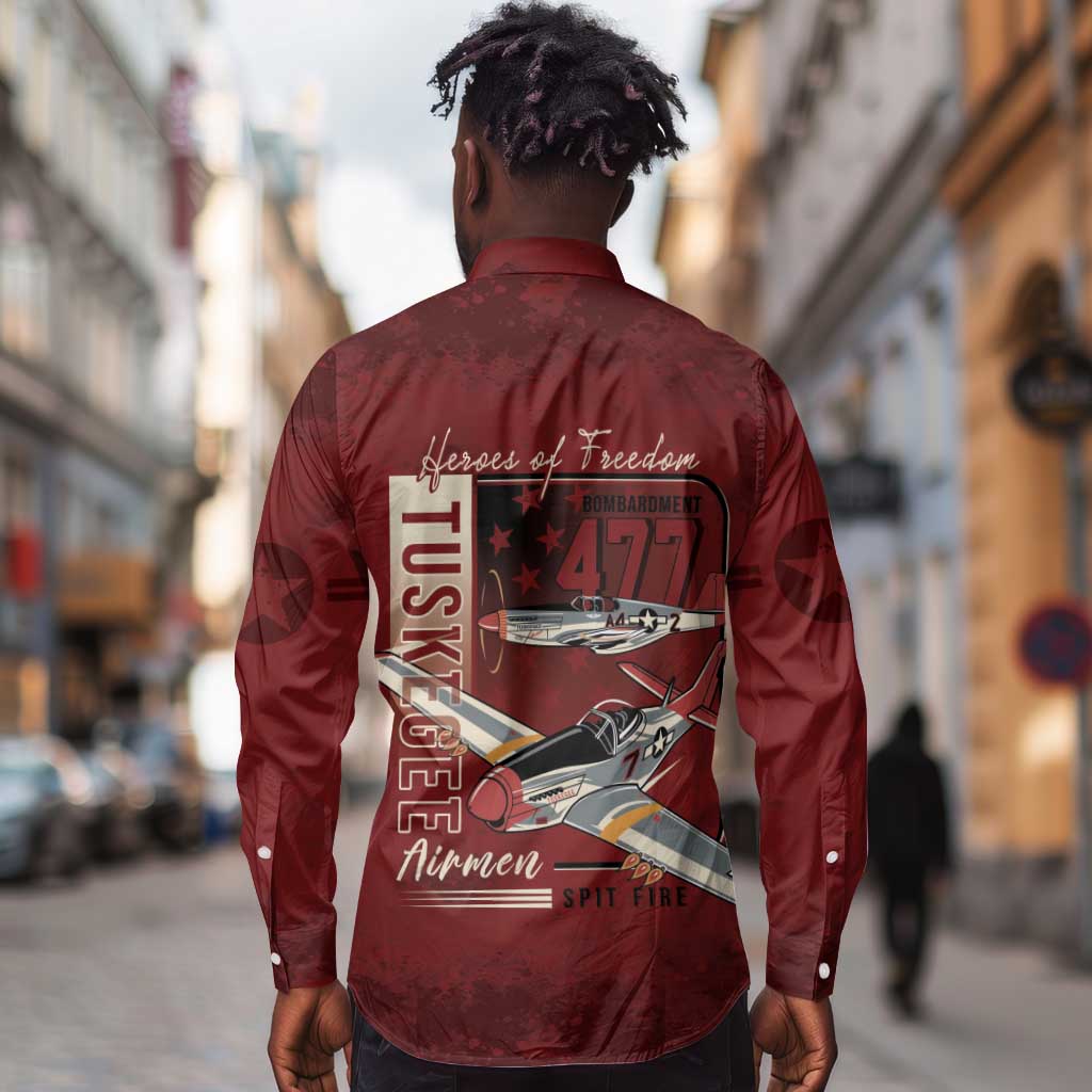 Tuskegee Airmen Spit Fire 477th Long Sleeve Button Shirt Crimson Grunge - African Pride