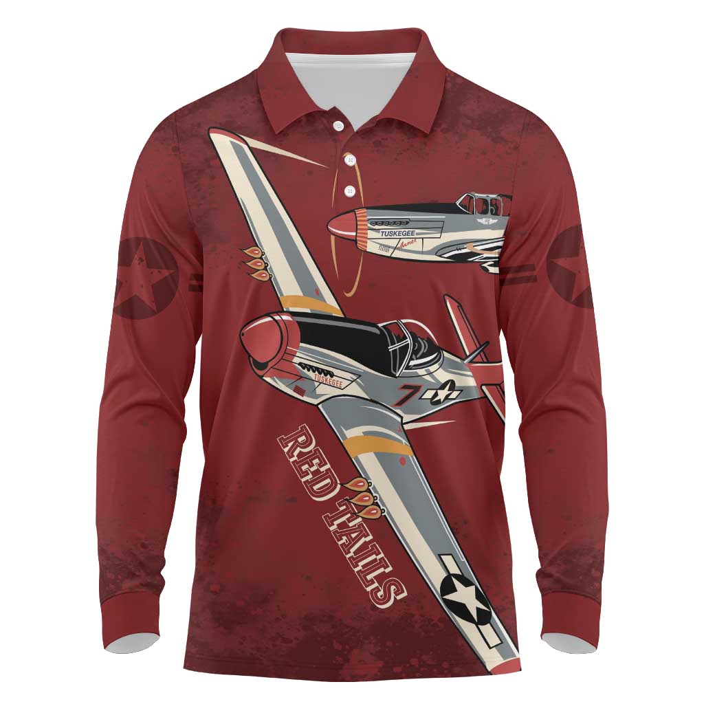 Tuskegee Airmen Spit Fire 477th Long Sleeve Polo Shirt Crimson Grunge - African Pride