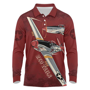 Tuskegee Airmen Spit Fire 477th Long Sleeve Polo Shirt Crimson Grunge - African Pride