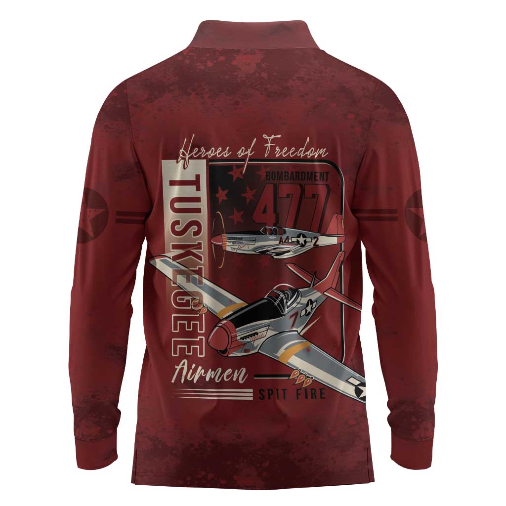 Tuskegee Airmen Spit Fire 477th Long Sleeve Polo Shirt Crimson Grunge - African Pride
