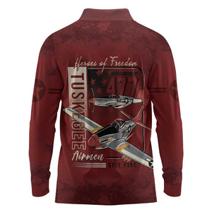 Tuskegee Airmen Spit Fire 477th Long Sleeve Polo Shirt Crimson Grunge - African Pride
