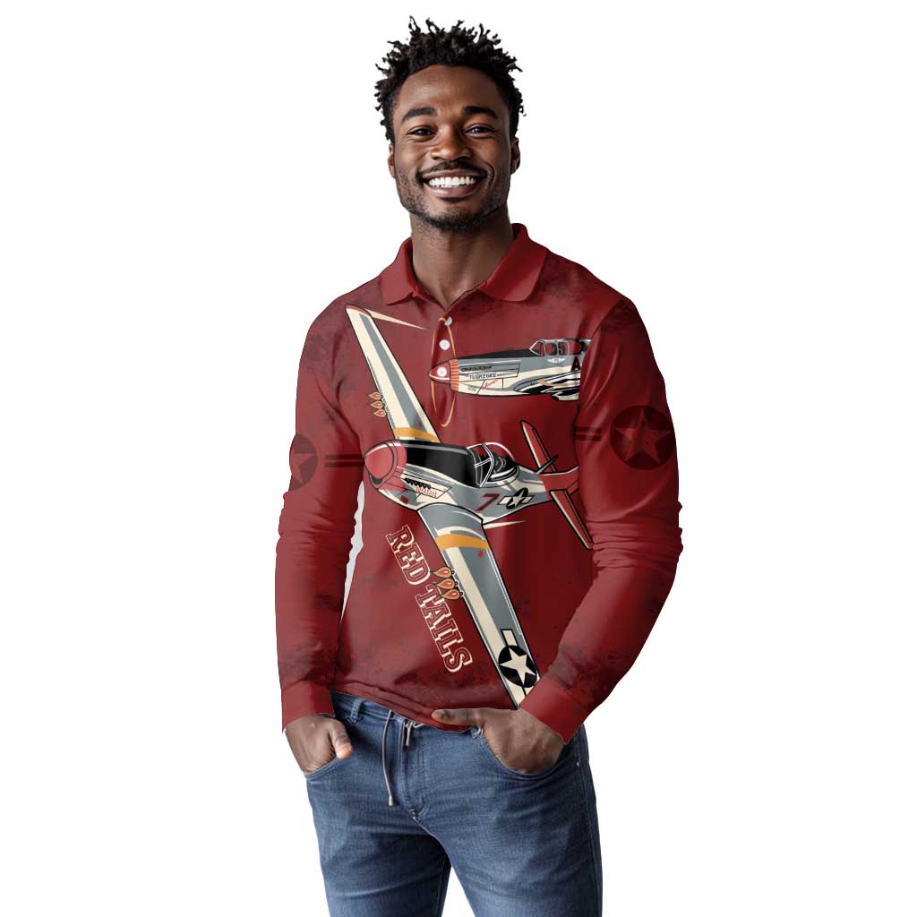 Tuskegee Airmen Spit Fire 477th Long Sleeve Polo Shirt Crimson Grunge - African Pride