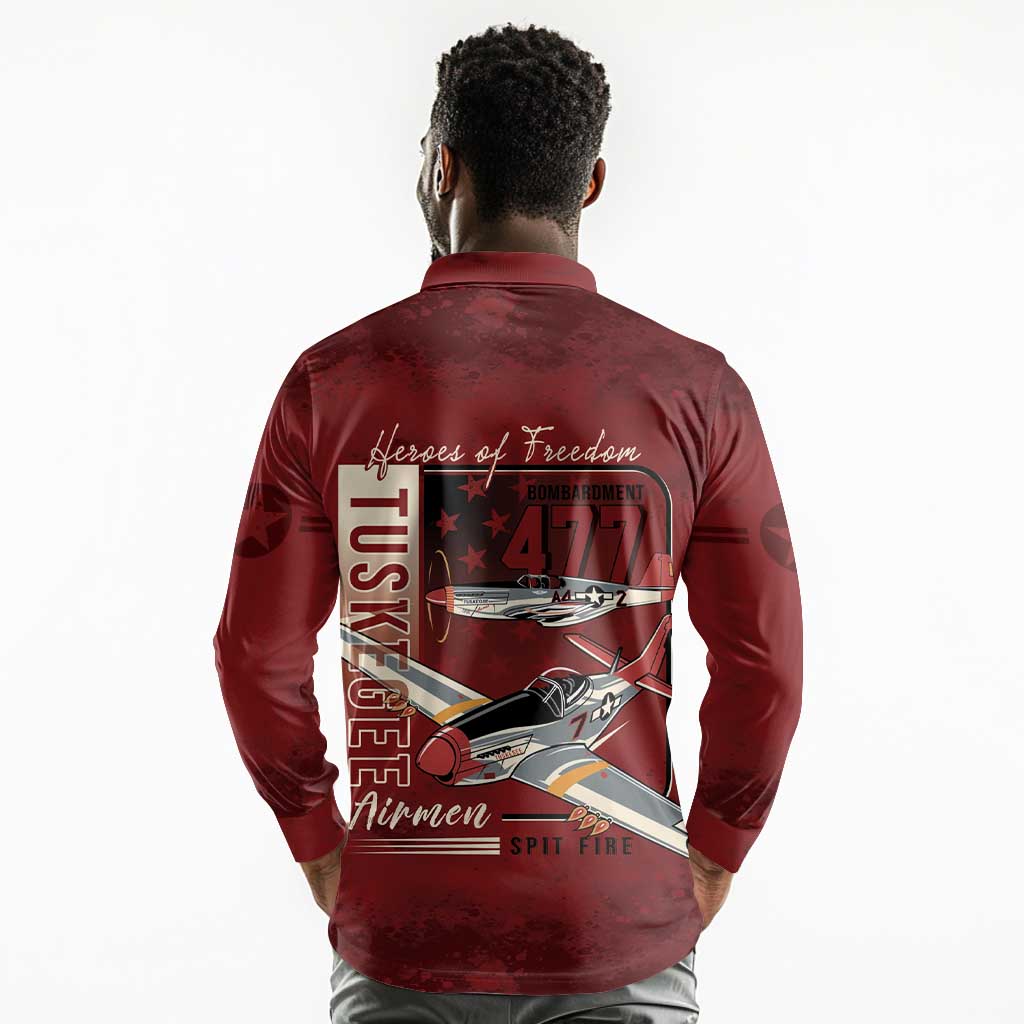 Tuskegee Airmen Spit Fire 477th Long Sleeve Polo Shirt Crimson Grunge - African Pride