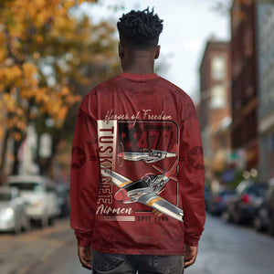 Tuskegee Airmen Spit Fire 477th Long Sleeve Shirt Crimson Grunge - African Pride
