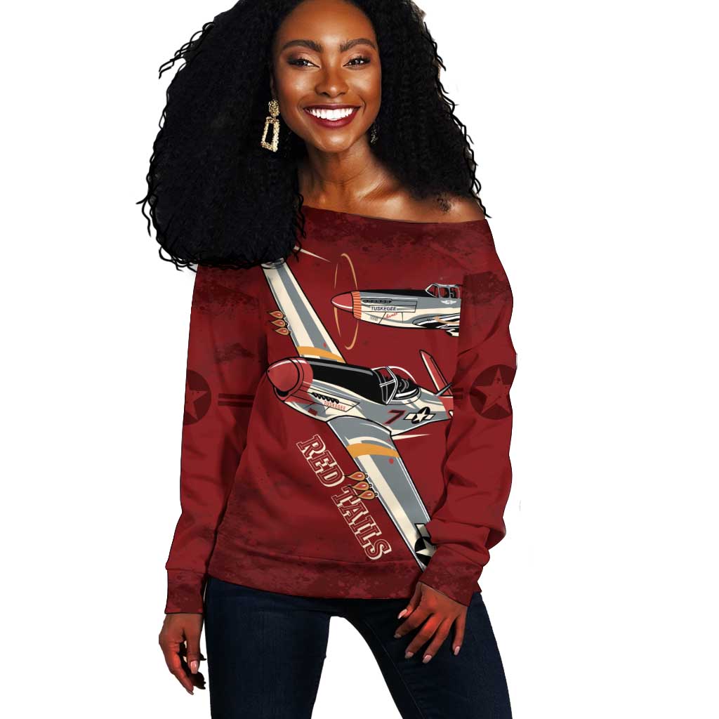 Tuskegee Airmen Spit Fire 477th Off Shoulder Sweater Crimson Grunge - African Pride
