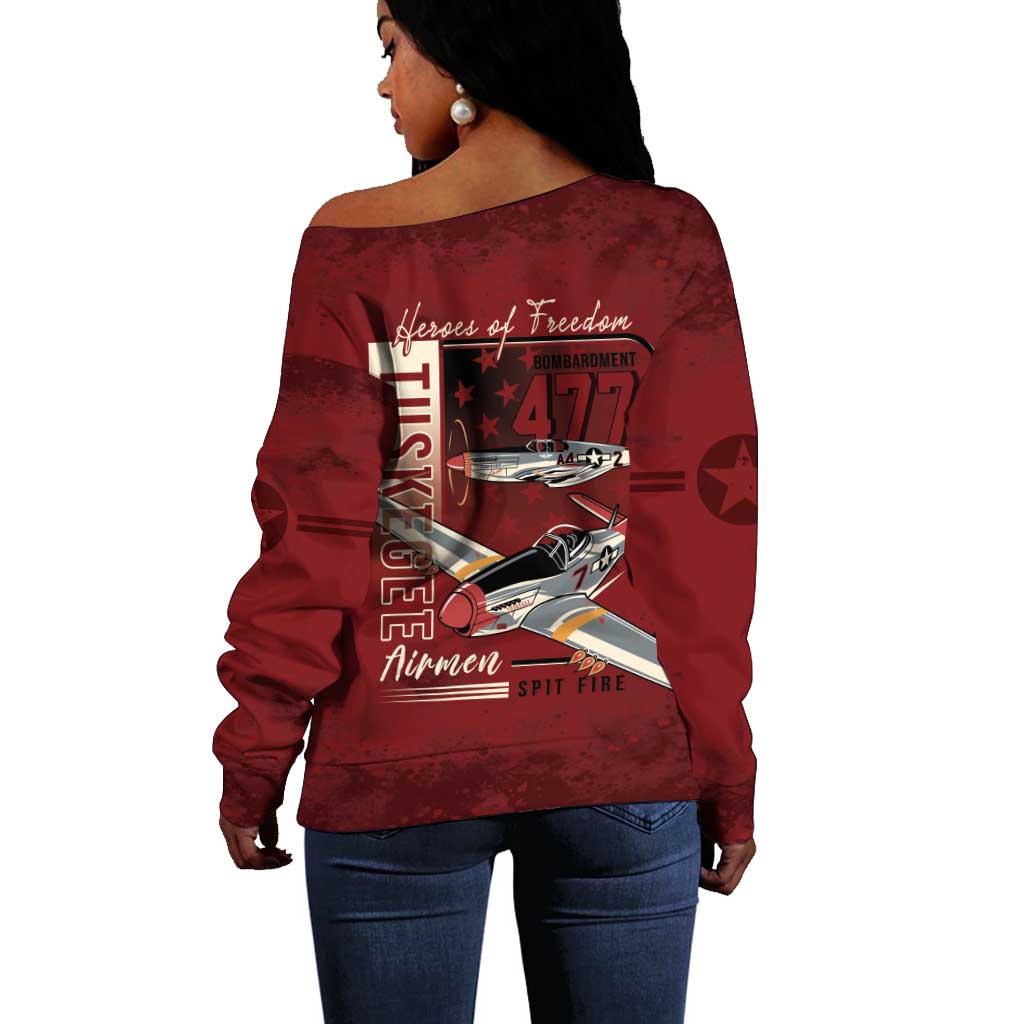 Tuskegee Airmen Spit Fire 477th Off Shoulder Sweater Crimson Grunge - African Pride