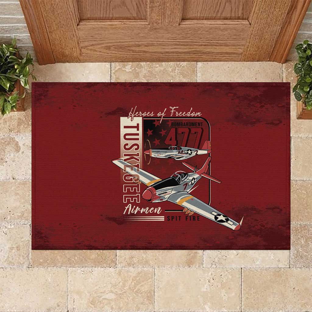 Tuskegee Airmen Spit Fire 477th Rubber Doormat Crimson Grunge - African Pride