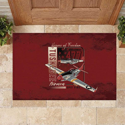 Tuskegee Airmen Spit Fire 477th Rubber Doormat Crimson Grunge - African Pride