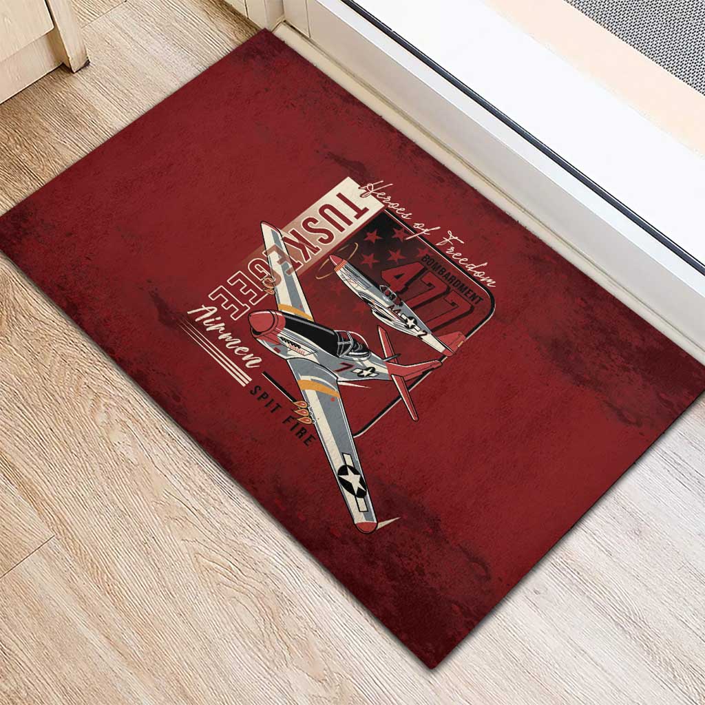 Tuskegee Airmen Spit Fire 477th Rubber Doormat Crimson Grunge - African Pride