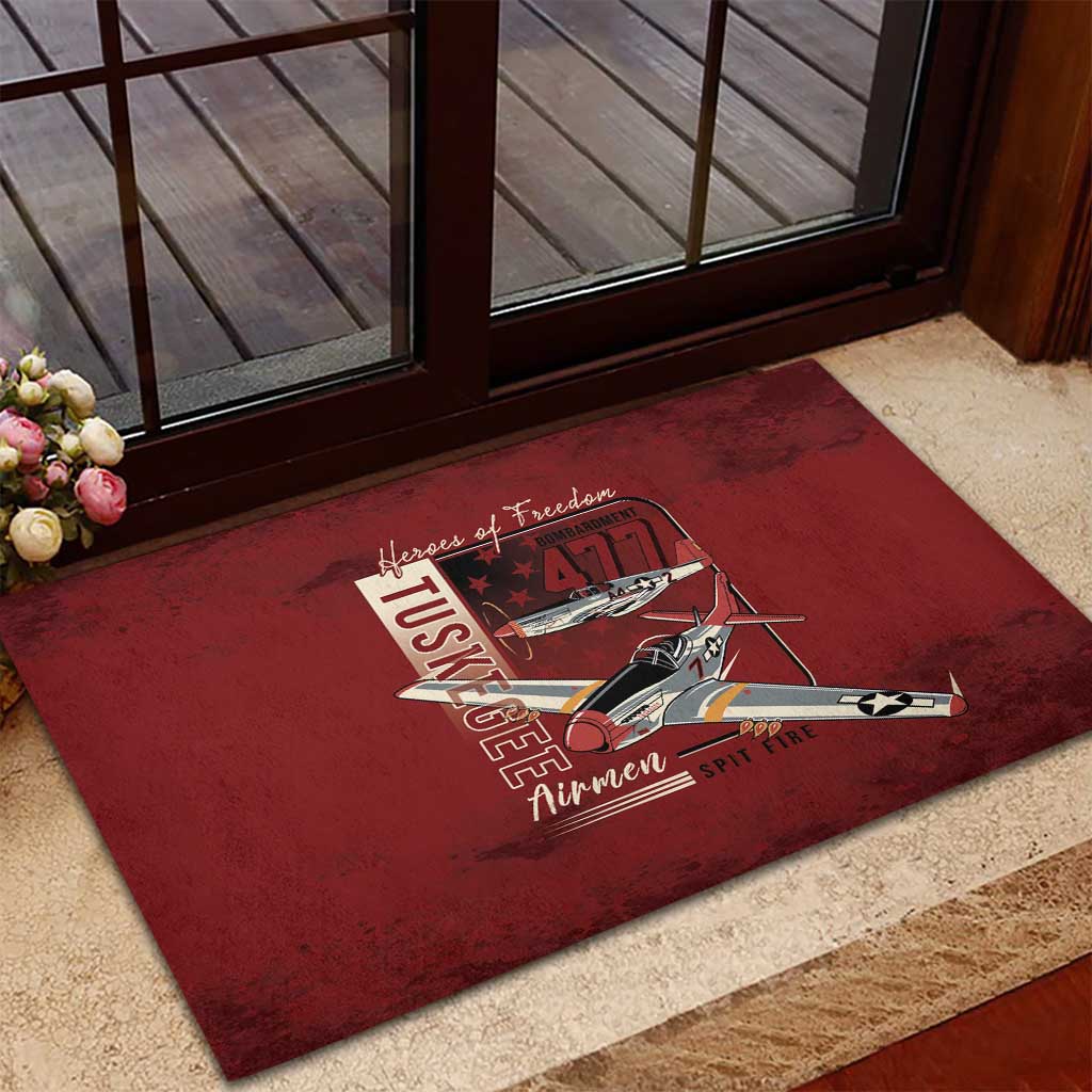 Tuskegee Airmen Spit Fire 477th Rubber Doormat Crimson Grunge - African Pride