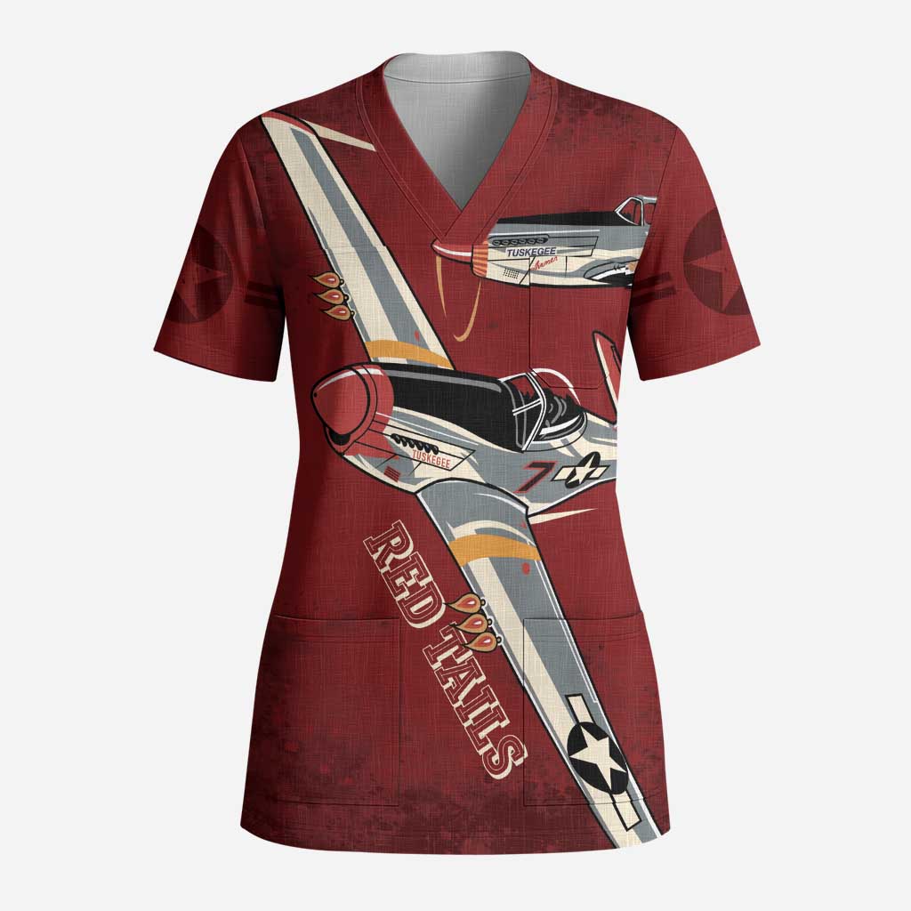 Tuskegee Airmen Spit Fire 477th Scrub Top Crimson Grunge - African Pride