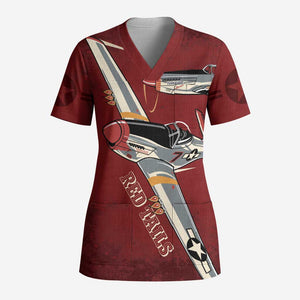 Tuskegee Airmen Spit Fire 477th Scrub Top Crimson Grunge - African Pride