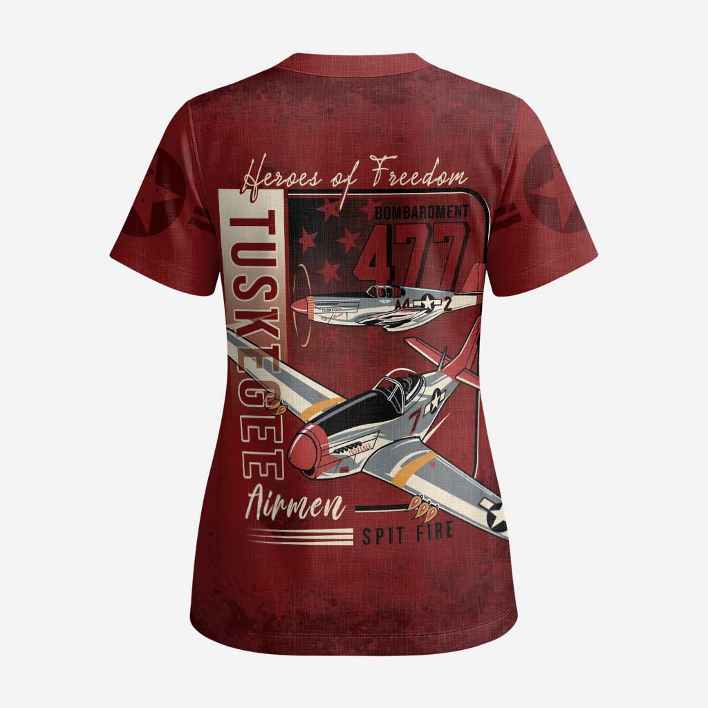 Tuskegee Airmen Spit Fire 477th Scrub Top Crimson Grunge - African Pride