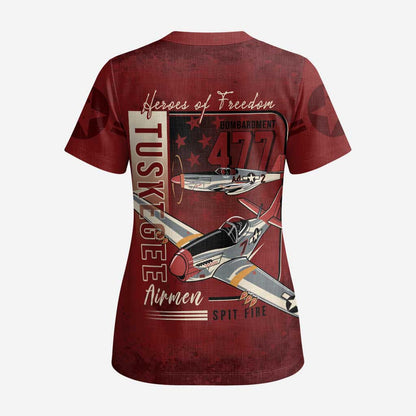 Tuskegee Airmen Spit Fire 477th Scrub Top Crimson Grunge - African Pride