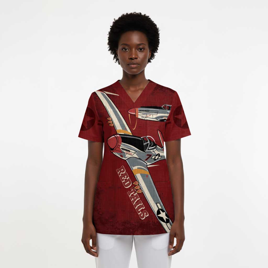Tuskegee Airmen Spit Fire 477th Scrub Top Crimson Grunge - African Pride