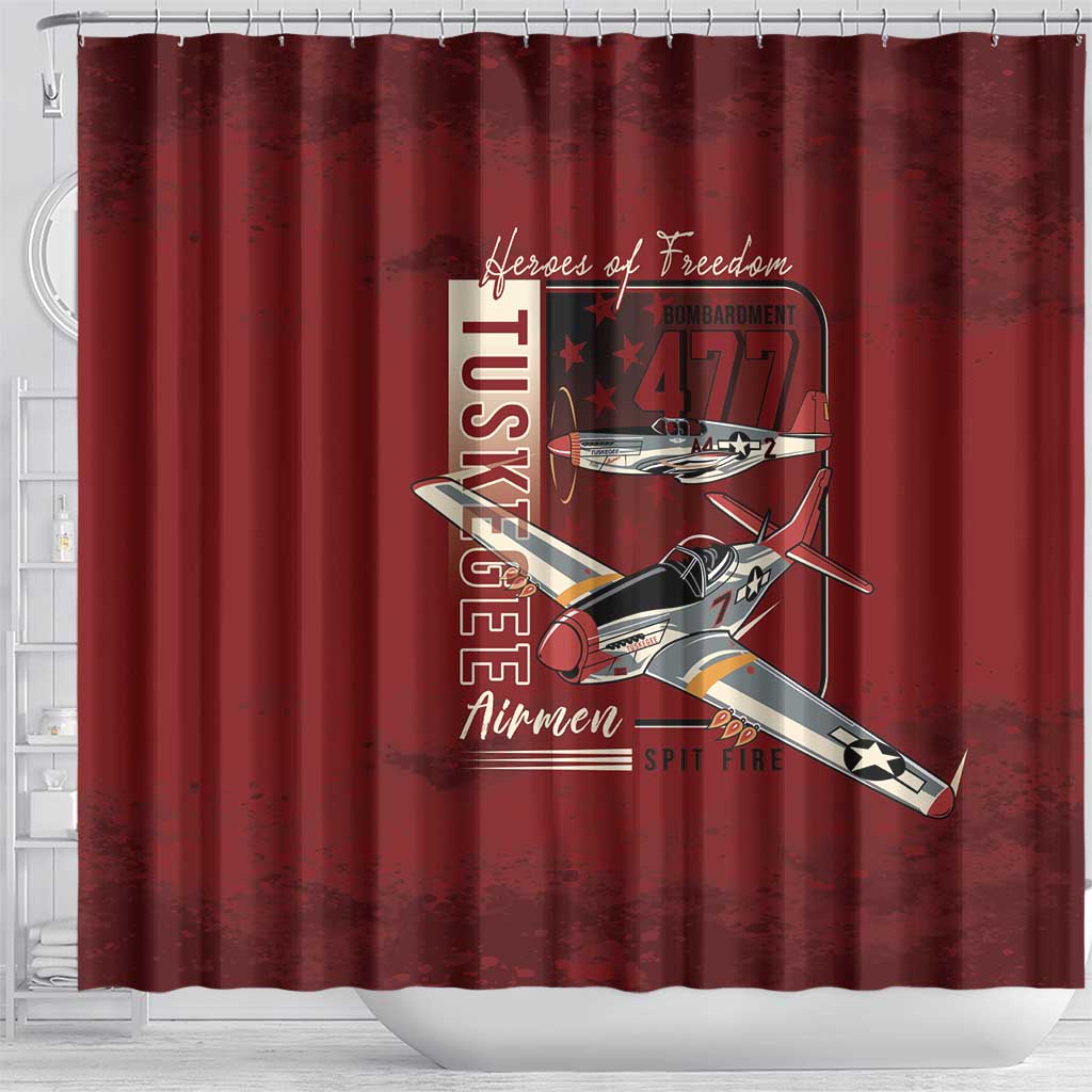 Tuskegee Airmen Spit Fire 477th Shower Curtain Crimson Grunge - African Pride