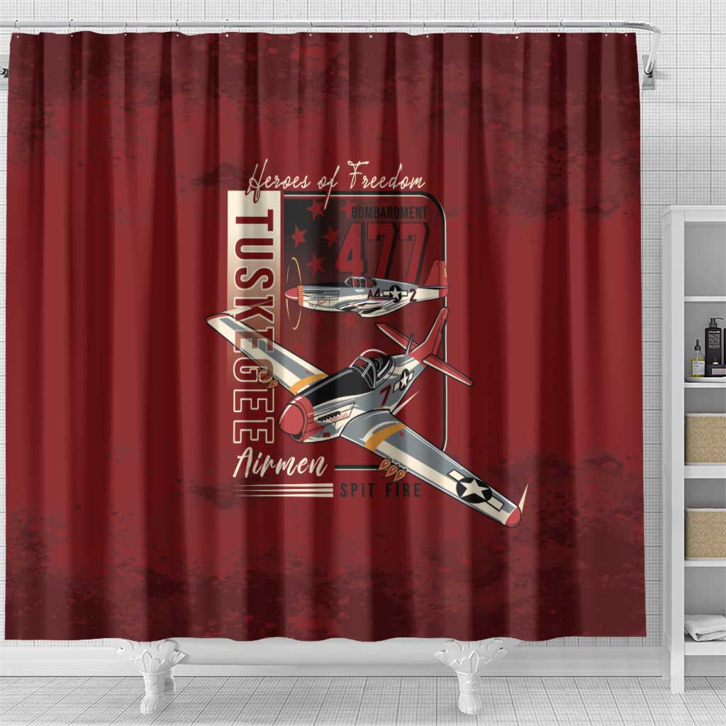 Tuskegee Airmen Spit Fire 477th Shower Curtain Crimson Grunge - African Pride