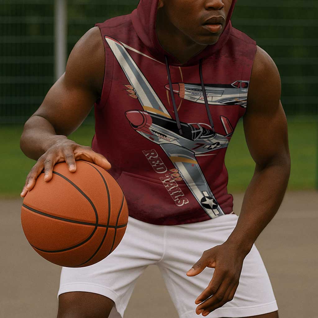 Tuskegee Airmen Spit Fire 477th Sleeveless Hoodie Crimson Grunge - African Pride