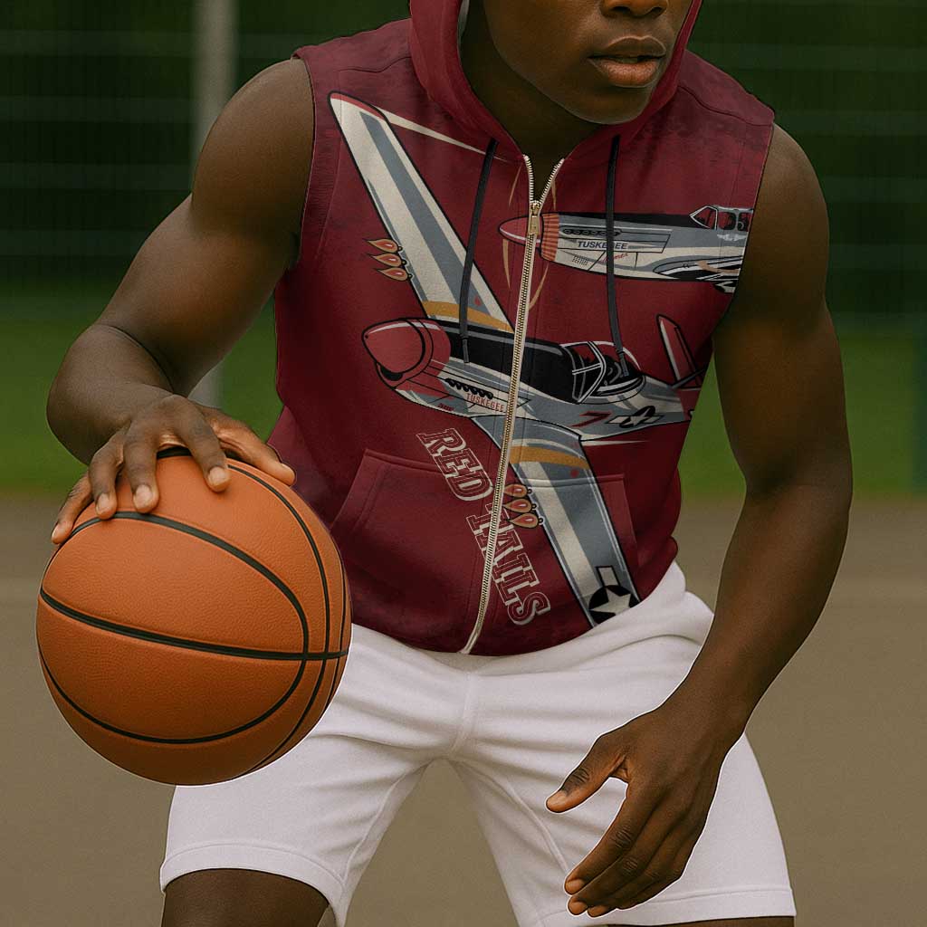 Tuskegee Airmen Spit Fire 477th Sleeveless Zip Hoodie Crimson Grunge - African Pride