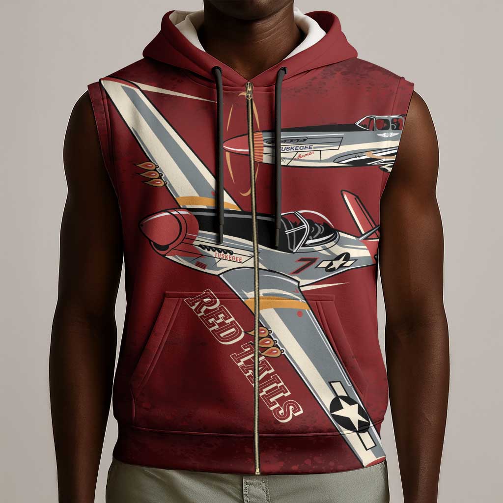 Tuskegee Airmen Spit Fire 477th Sleeveless Zip Hoodie Crimson Grunge - African Pride