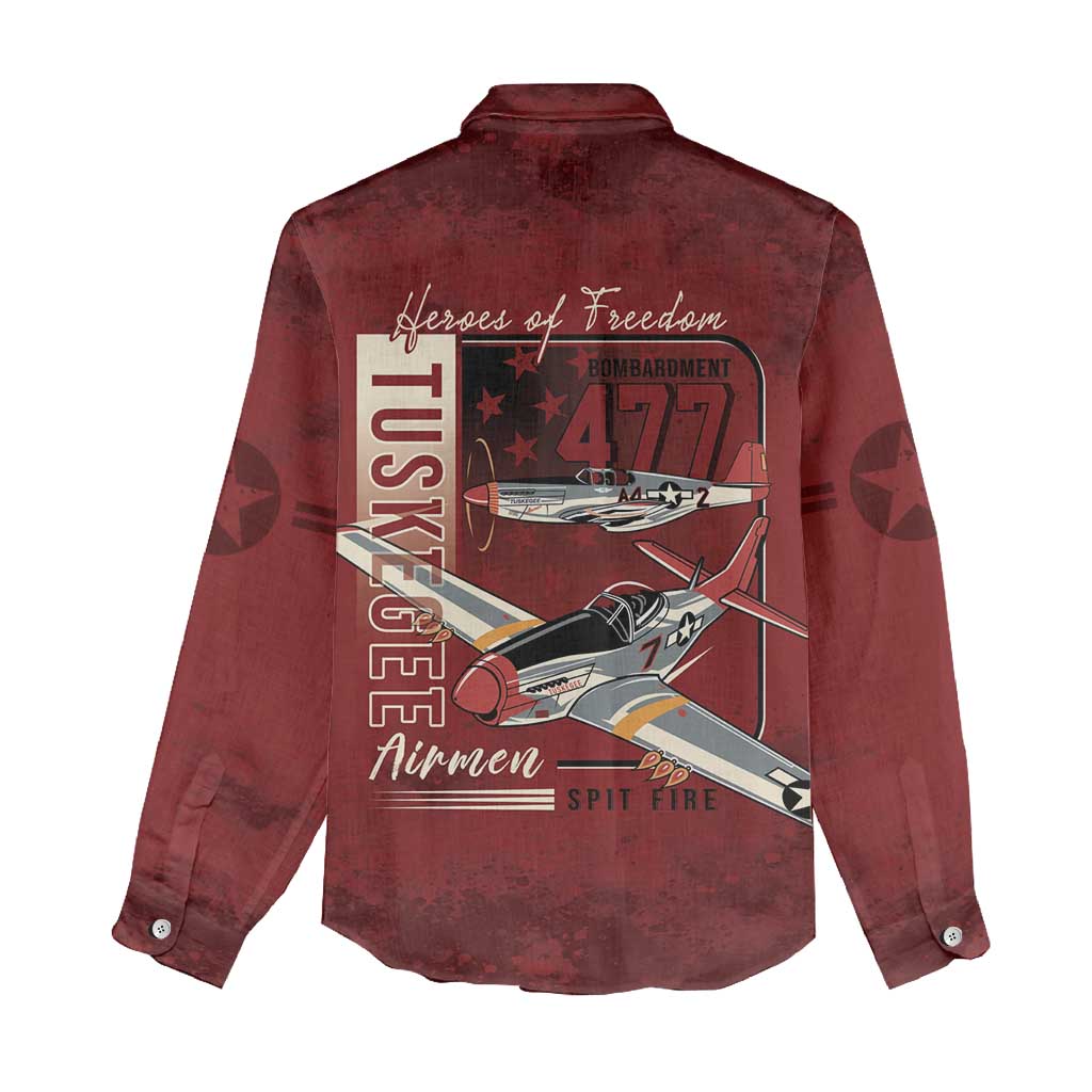 Tuskegee Airmen Spit Fire 477th Women Casual Shirt Crimson Grunge - African Pride