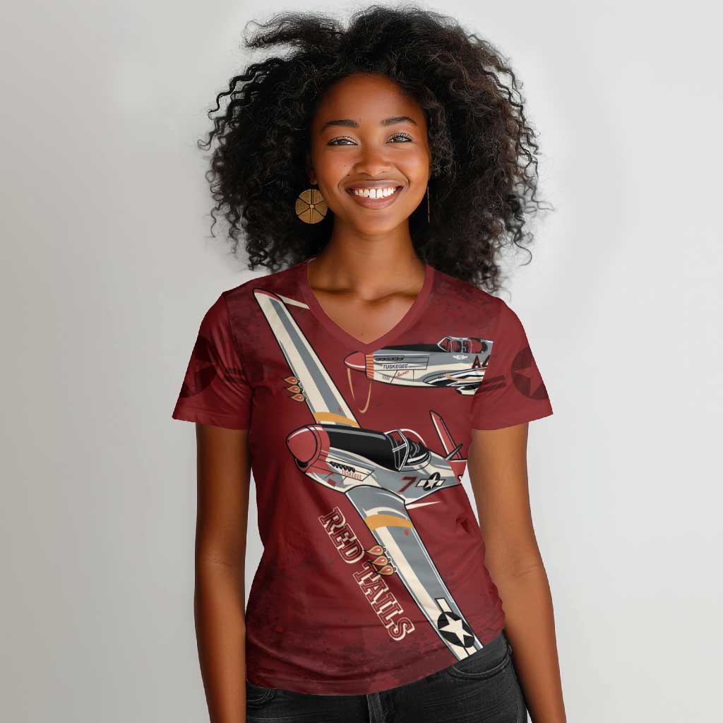 Tuskegee Airmen Spit Fire 477th Women V-Neck T-Shirt Crimson Grunge LT7