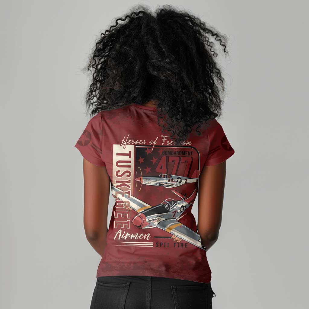 Tuskegee Airmen Spit Fire 477th Women V-Neck T-Shirt Crimson Grunge - African Pride