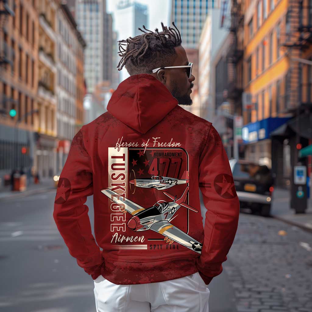 Tuskegee Airmen Spit Fire 477th Zip Hoodie Crimson Grunge - African Pride